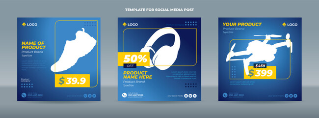 Square social media post template on simple blue gradation background with a yellow accent for product sale promotion