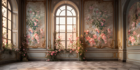 Luxury Palace hall Interior with big windows and walls decorated with frescoes and murals pink roses and flowers compositions. Wedding background. Classic castle interior - obrazy, fototapety, plakaty