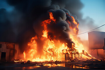 Night building fire scene. AI technology generated image