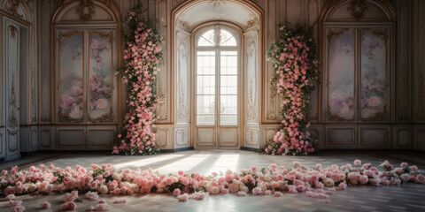 Luxury Palace Interior decorated with pink roses flowers. Palace Interior background - obrazy, fototapety, plakaty