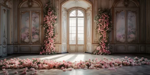 Printed roller blinds Old door Luxury Palace Interior decorated with pink roses flowers. Palace Interior background