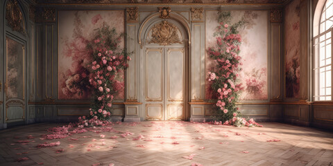 Luxury Palace Interior decorated with pink roses. Palace Interior background - obrazy, fototapety, plakaty