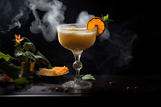 Yellow cocktail with citrus and mint on a dark background with smoke or fog. Autumn halloween theme of alcoholic and non-alcoholic drinks.