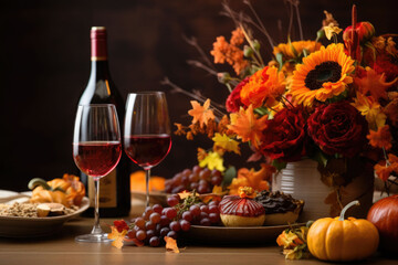 Fall table setting for celebration Thanksgiving or Friendsgiving day, family party. AI generated