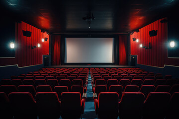 Empty modern movie theatre interior with screen and seats. Generative AI