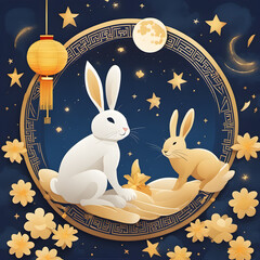 Mid-Autumn Festival, rabbits sit on the moon, moon, clouds, reunion, mid-autumn element, flowers, lantern, blue sky