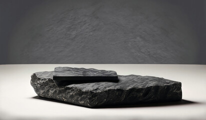 Black stone podium for product display, product photography, black stone, dark background for product, stock images 
