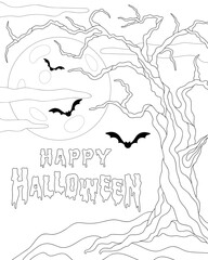 Happy Halloween. Coloring book. Tree, moon, clouds, bats.
