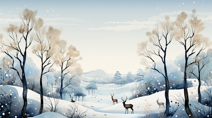 A painting of two deer in a snowy forest. Digital image.