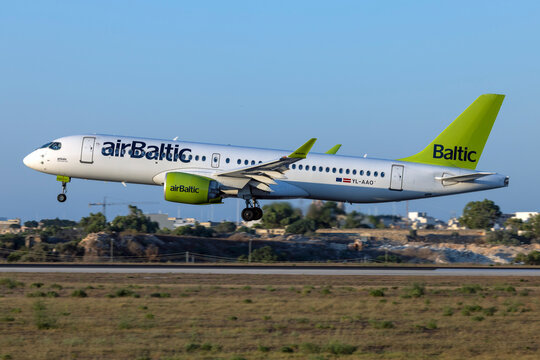 Luqa, Malta - August 2, 2023: Air Baltic Airbus A220-300 (REG: YL-AAO) arriving from Zurich (ZRH) as flight LX1790 for Swissair.
