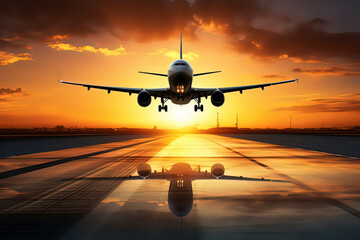 Naklejka premium The sunset plane landed on the runway. AI technology generated image