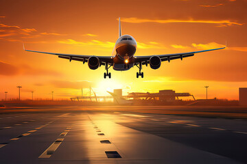 Fototapeta na wymiar The sunset plane landed on the runway. AI technology generated image