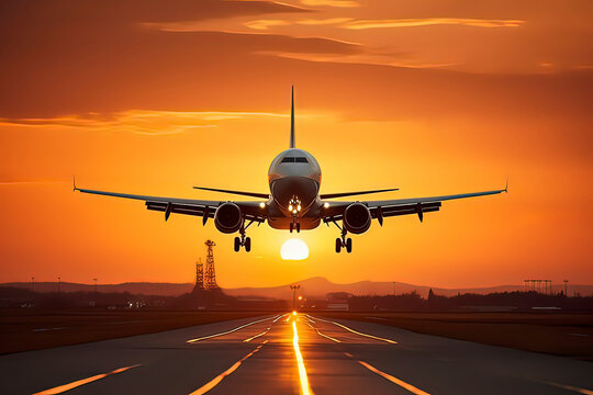 The sunset plane landed on the runway. AI technology generated image