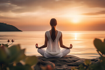 A woman meditating by the seaside at sunset. AI technology generated image