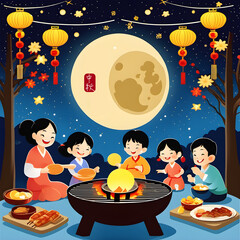 Happy Mid-Autumn Festival, Family reunion, full moon, barbeque, happiness, lanterns, flowers, night view, stars
