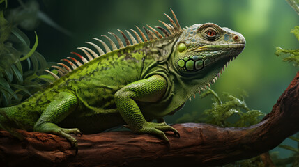 Fototapeta premium A large green lizard sitting on top of a tree branch
