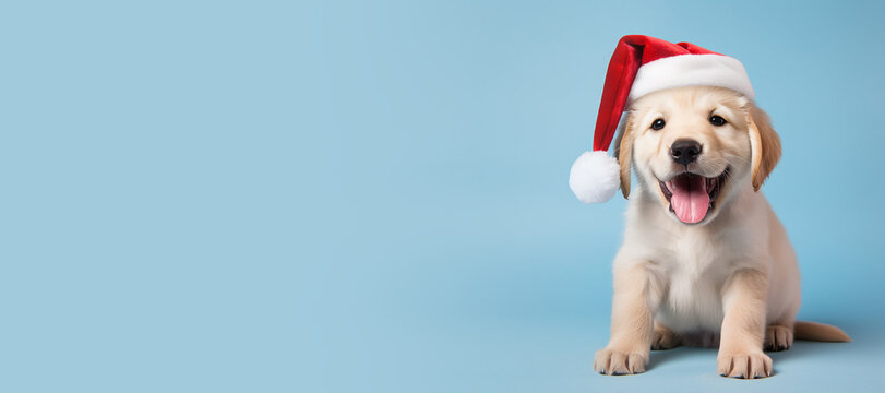 Happy Golden Retriever puppy wearing a Santa hat. Christmas pet theme banner design with copy space. Generative AI image