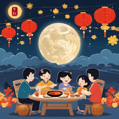 Happy Mid-Autumn Festival, Family reunion, full moon, delicious and tasty food, happiness, lanterns, flowers, night view, stars, Chinese translation mid-autumn
