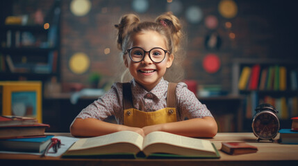 Little schoolgirl smiling while sitting in front of a book against a book shelf background. Created with Generative AI technology.