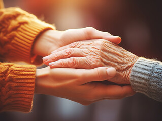 Taking care of the elderly concept with young woman holding the hand of a senior, Generative AI illustration