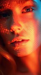Close-up portrait of woman with fishnet pattern on her face, Generative AI illustration