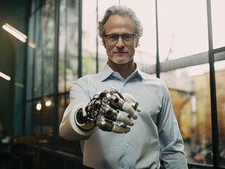 Scientist showcasing his bionic prosthetic arm, Generative AI illustration