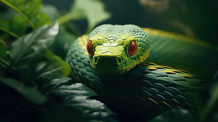 Close-up of green snake with bright red eyes, Generative AI illustration