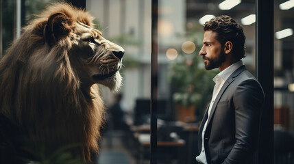 Fearless leader with man in suit standing face to face with a lion, Generative AI illustration