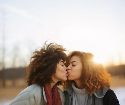 Two women kissing outdoor, Generative AI illustration