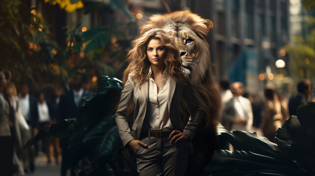 Strong and fearless woman concept, with lion standing behind woman in business suit, Generative AI illustration