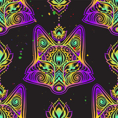 Fox mandala head psychedelic. Vector pattern. Colorful Ethnic drawing. Fox animal in Zen boho style. For party hippie, hallucination psilocybin 60s, 70s