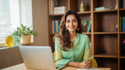 Young indian woman working on a laptop.