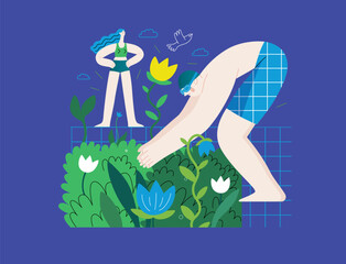 Greenery, ecology -modern flat vector concept illustration of people around the swimming pool of plants and flowers. Metaphor of environmental sustainability and protection, closeness to nature