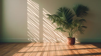 Empty studio room with window shadows and palm leaves