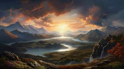 Fotobehang A painting of a sunset over a mountain range © cac_tus