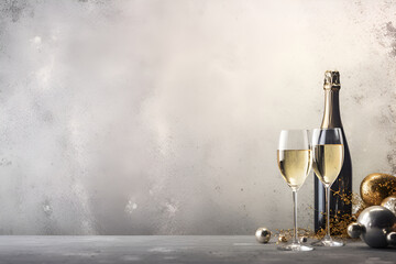A glass of champagne on a silver background with highlights for christmas and new year. With...