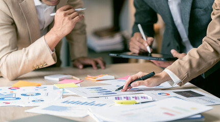 Business people advisor, business people talking, planning analyze investment and marketing on tablet in office.