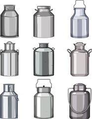 metal milk can set cartoon. jar jug, farm vintage, bucket cow metal milk can sign. isolated symbol vector illustration