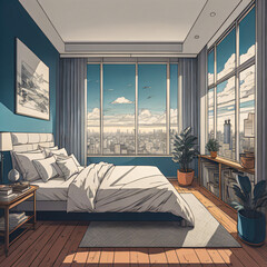 Aesthetic serene bedroom ambience with city view from the window generative ai 