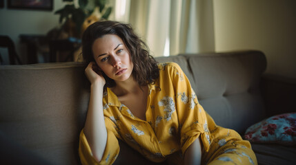 Woman Suffering From Depression Sitting On Bed In Pajamas