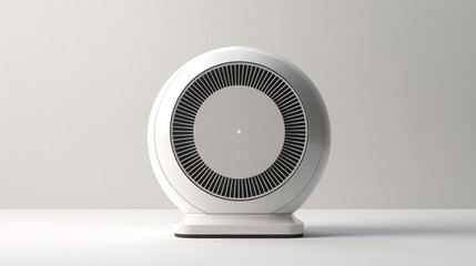 an electronic air purifier is on the floor, in the style of spherical sculptures, dark white and dark navy, applecore, hatching, handheld, rollerwave