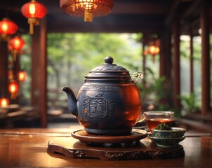 Chinese teapot and cups in Chinese tea house, Asian popular hot drink, AI Generative