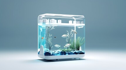 aquarium with fish and algae in it, in the style of minimalist sets, light white and silver, tenwave, rounded, cubo-futurism, tranquil gardenscapes, anti-clutter, minimalist designs