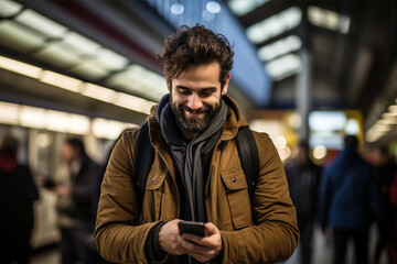 Young man using smart phone while waiting for train at the station. - obrazy, fototapety, plakaty