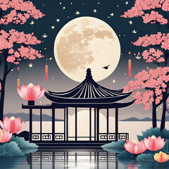 Mid-Autumn Festival, Beautiful and Quiet Night with the Full Moon, Lotuses, Shining Stars, Pink Flowers, and trees, a Gazebo in the Lake