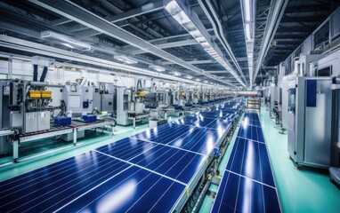 Wide Shot of Solar Panel Production Line with Robot Arms at Modern Bright Factory. Solar Panels are being Assembled on Conveyor. Created with Generative AI technology.