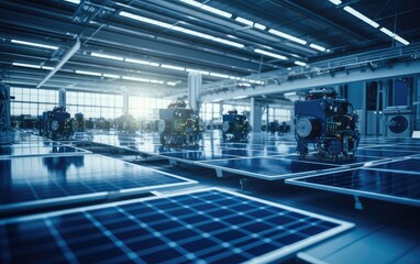 Naklejka premium Wide Shot of Solar Panel Production Line with Robot Arms at Modern Bright Factory. Solar Panels are being Assembled on Conveyor. Created with Generative AI technology.