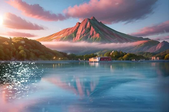 Anime background, Beautiful animation anime cartoon, japanese temple, lake, fuji mountain and blue sky