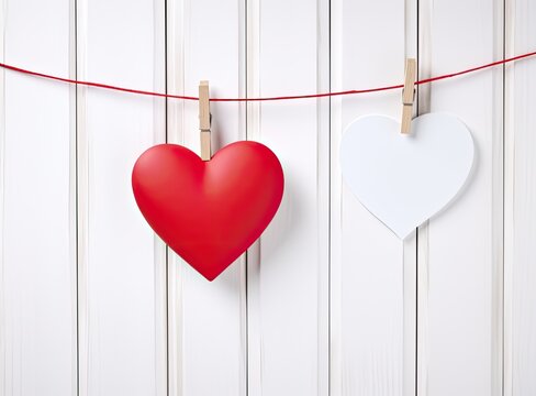 Background with a border of red hearts on clothespins on white wooden boards in a rustic style. A greeting card layout for February 14, a place to copy. Created with Generative AI technology.