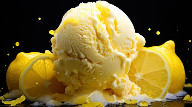 Close up of juicy lemon on the ice cream on black background